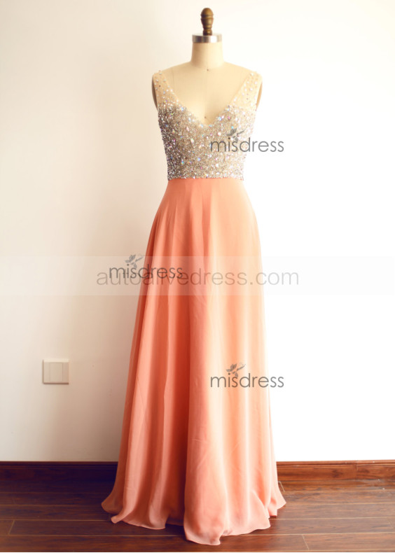 Coral Beaded Chiffon Long Prom Dress